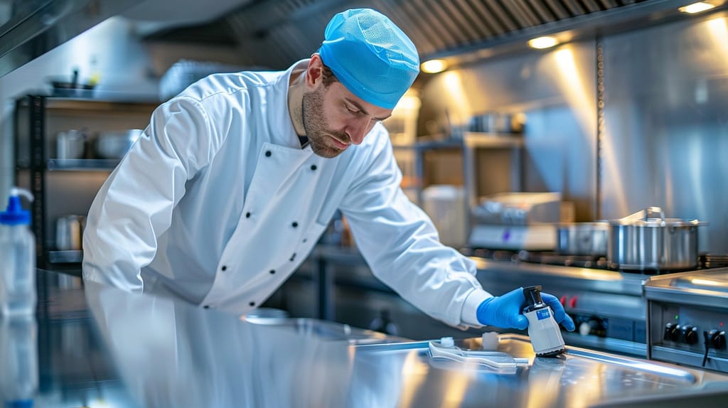 Chef cleaning a commercial kitchen