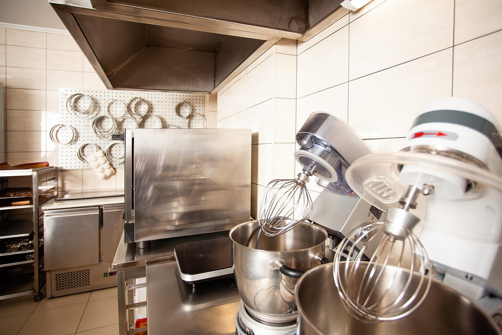 Mixing bowls in a clean commercial kitchen